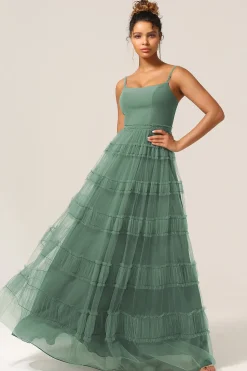 Gorgeous A Line Spaghetti Straps Eucalyptus Tulle Long Bridesmaid Dress
