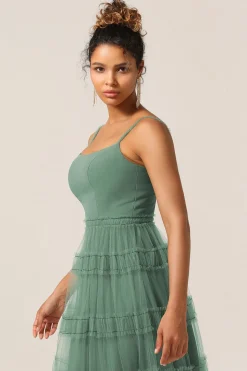 Gorgeous A Line Spaghetti Straps Eucalyptus Tulle Long Bridesmaid Dress