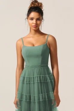 Gorgeous A Line Spaghetti Straps Eucalyptus Tulle Long Bridesmaid Dress