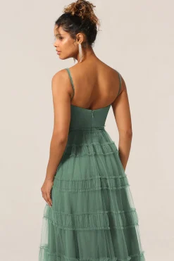 Gorgeous A Line Spaghetti Straps Eucalyptus Tulle Long Bridesmaid Dress