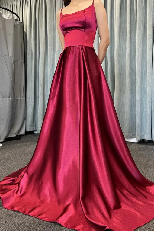 Green A Line Satin Prom Dress with Pockets