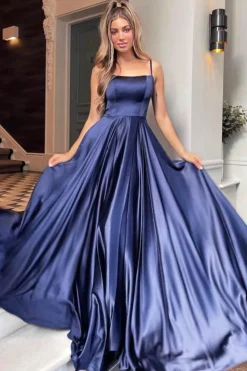 Green A Line Satin Prom Dress with Pockets