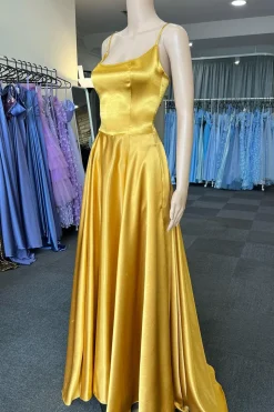 Green A Line Satin Prom Dress with Pockets