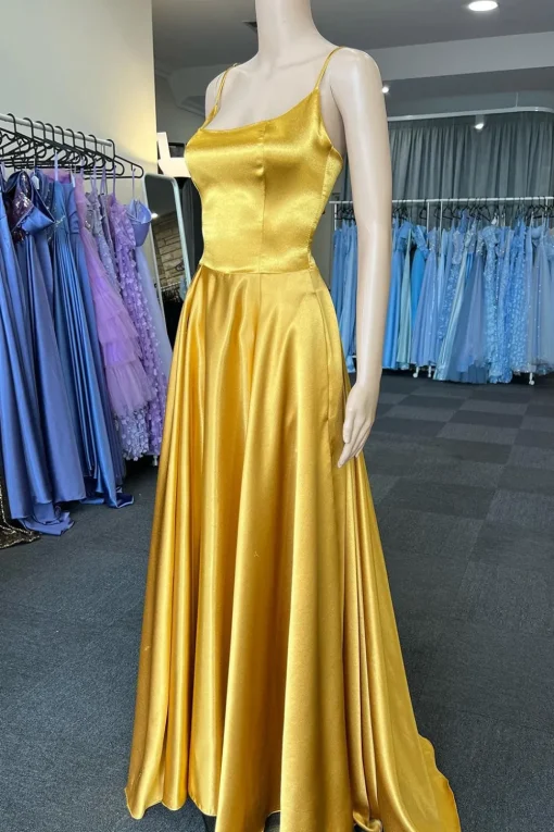 Green A Line Satin Prom Dress with Pockets