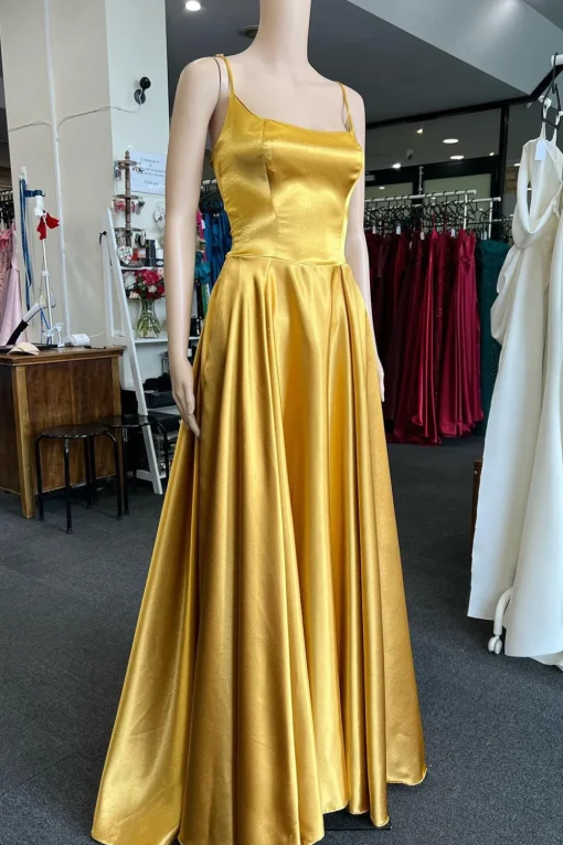Green A Line Satin Prom Dress with Pockets