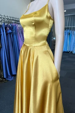 Green A Line Satin Prom Dress with Pockets