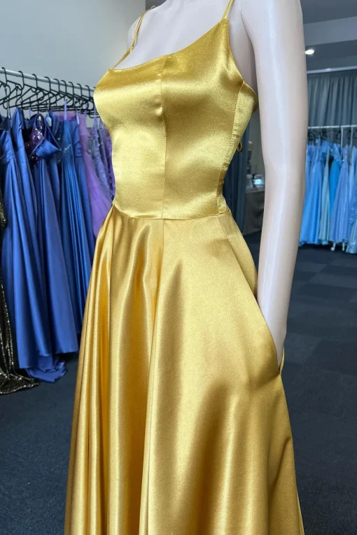 Green A Line Satin Prom Dress with Pockets