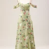 Green A Line Spaghetti Straps Floral Wedding Guest Dress with Slit