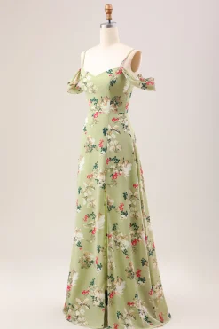 Green A Line Spaghetti Straps Floral Wedding Guest Dress with Slit