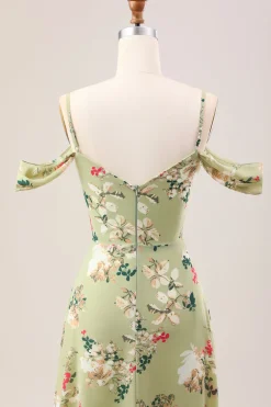 Green A Line Spaghetti Straps Floral Wedding Guest Dress with Slit