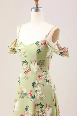 Green A Line Spaghetti Straps Floral Wedding Guest Dress with Slit