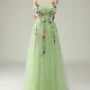 Green A Line Tulle Prom Dress with Appliques