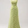 Green Embroidery Mermaid Bridesmaid Dress with Lace Up Back