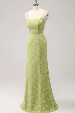 Green Embroidery Mermaid Bridesmaid Dress with Lace Up Back