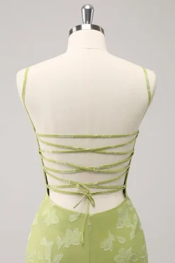 Green Embroidery Mermaid Bridesmaid Dress with Lace Up Back