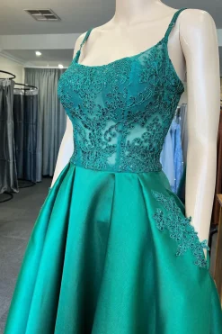 Green Satin Beaded Prom Dress with Pockets