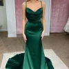 Green Satin Mermaid Prom Dress with Ruffles