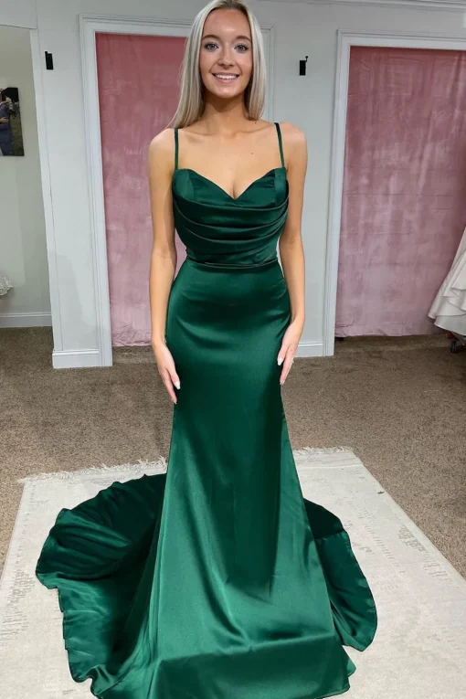 Green Satin Mermaid Prom Dress with Ruffles
