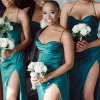 Green Satin Spaghetti Straps Corset Long Bridesmaid Dress with Side Slit