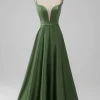 Green Satin V Neck A-line Long Bridesmaid Dress
