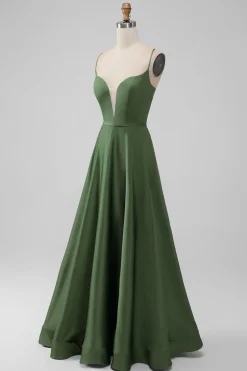Green Satin V Neck A-line Long Bridesmaid Dress