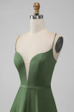 Green Satin V Neck A-line Long Bridesmaid Dress
