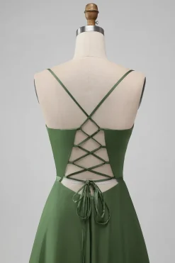 Green Satin V Neck A-line Long Bridesmaid Dress