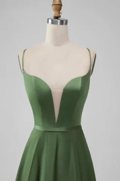 Green Satin V Neck A-line Long Bridesmaid Dress