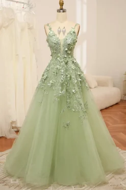 Green Spaghetti Straps A-Line Tulle Prom Dress With Appliques