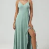 Green Spaghetti Straps Long Bridesmaid Dress with Ruffles