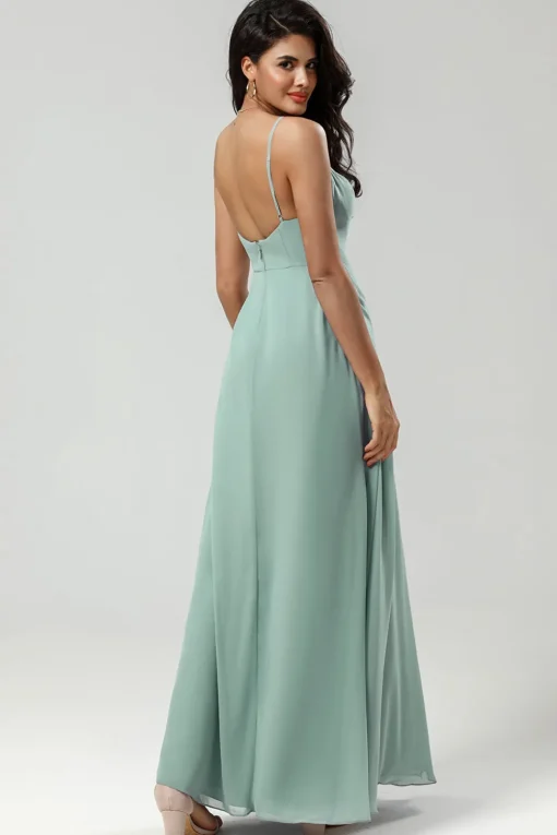 Green Spaghetti Straps Long Bridesmaid Dress with Ruffles