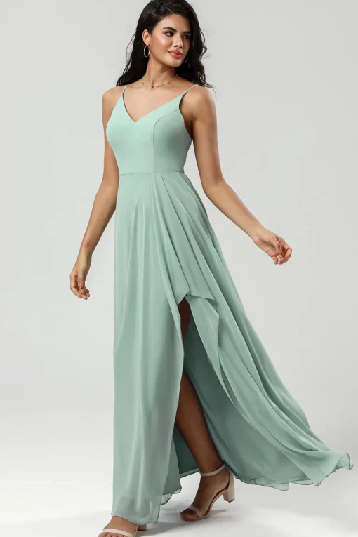 Green Spaghetti Straps Long Bridesmaid Dress with Ruffles