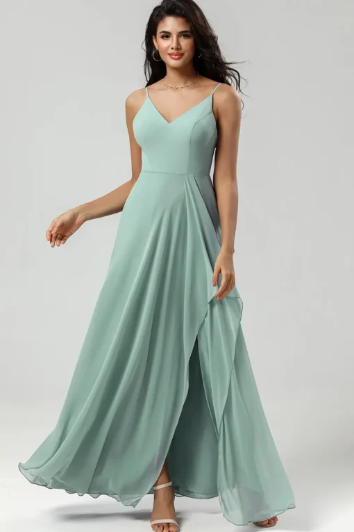 Green Spaghetti Straps Long Bridesmaid Dress with Ruffles