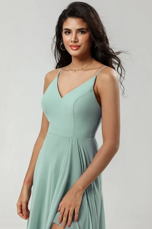 Green Spaghetti Straps Long Bridesmaid Dress with Ruffles