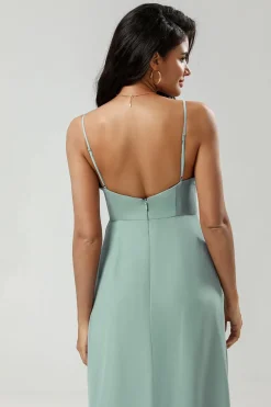 Green Spaghetti Straps Long Bridesmaid Dress with Ruffles