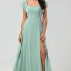 Green Square Neck Chiffon Bridesmaid Dress with Ruffles