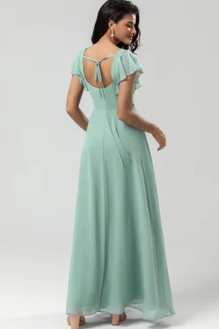 Green Square Neck Chiffon Bridesmaid Dress with Ruffles