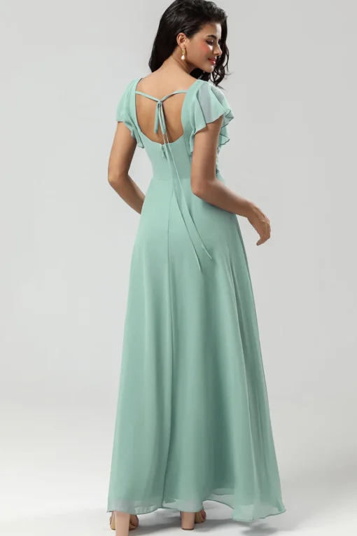 Green Square Neck Chiffon Bridesmaid Dress with Ruffles