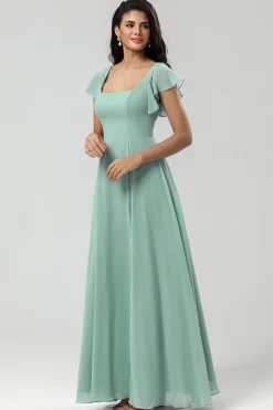 Green Square Neck Chiffon Bridesmaid Dress with Ruffles