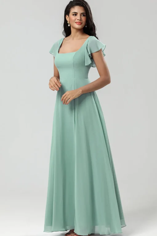 Green Square Neck Chiffon Bridesmaid Dress with Ruffles