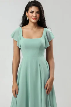 Green Square Neck Chiffon Bridesmaid Dress with Ruffles