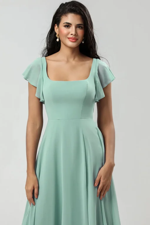 Green Square Neck Chiffon Bridesmaid Dress with Ruffles