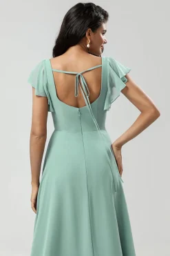 Green Square Neck Chiffon Bridesmaid Dress with Ruffles