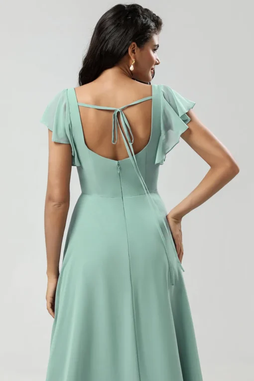 Green Square Neck Chiffon Bridesmaid Dress with Ruffles