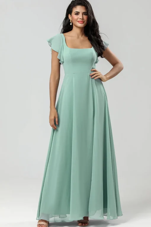 Green Square Neck Chiffon Bridesmaid Dress with Ruffles