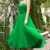 Green Tulle A Line Midi Prom Dress with Ruffles
