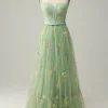 Green Tulle A Line Prom Dress with Embroidered