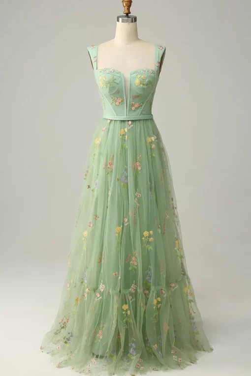 Green Tulle A Line Prom Dress with Embroidered