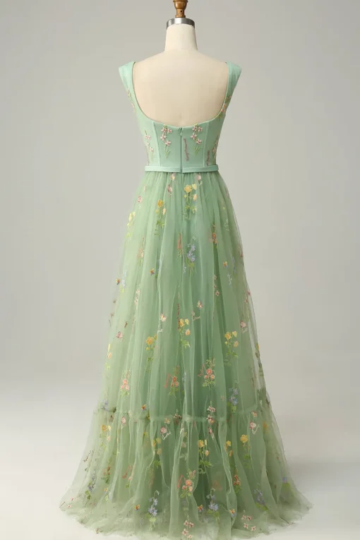 Green Tulle A Line Prom Dress with Embroidered