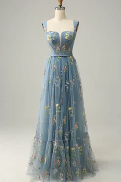 Green Tulle A Line Prom Dress with Embroidered